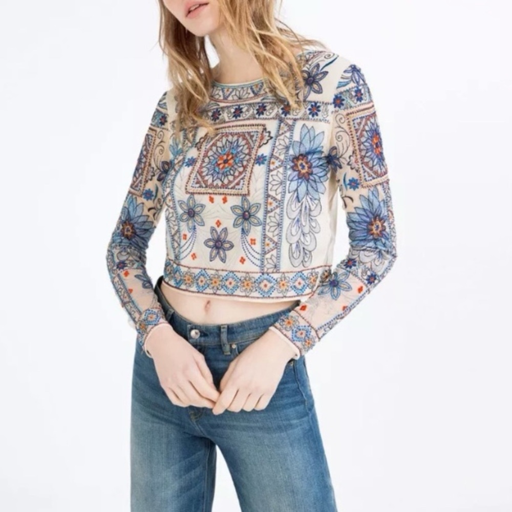 Zara beaded embroidery mesh long sleeve top white